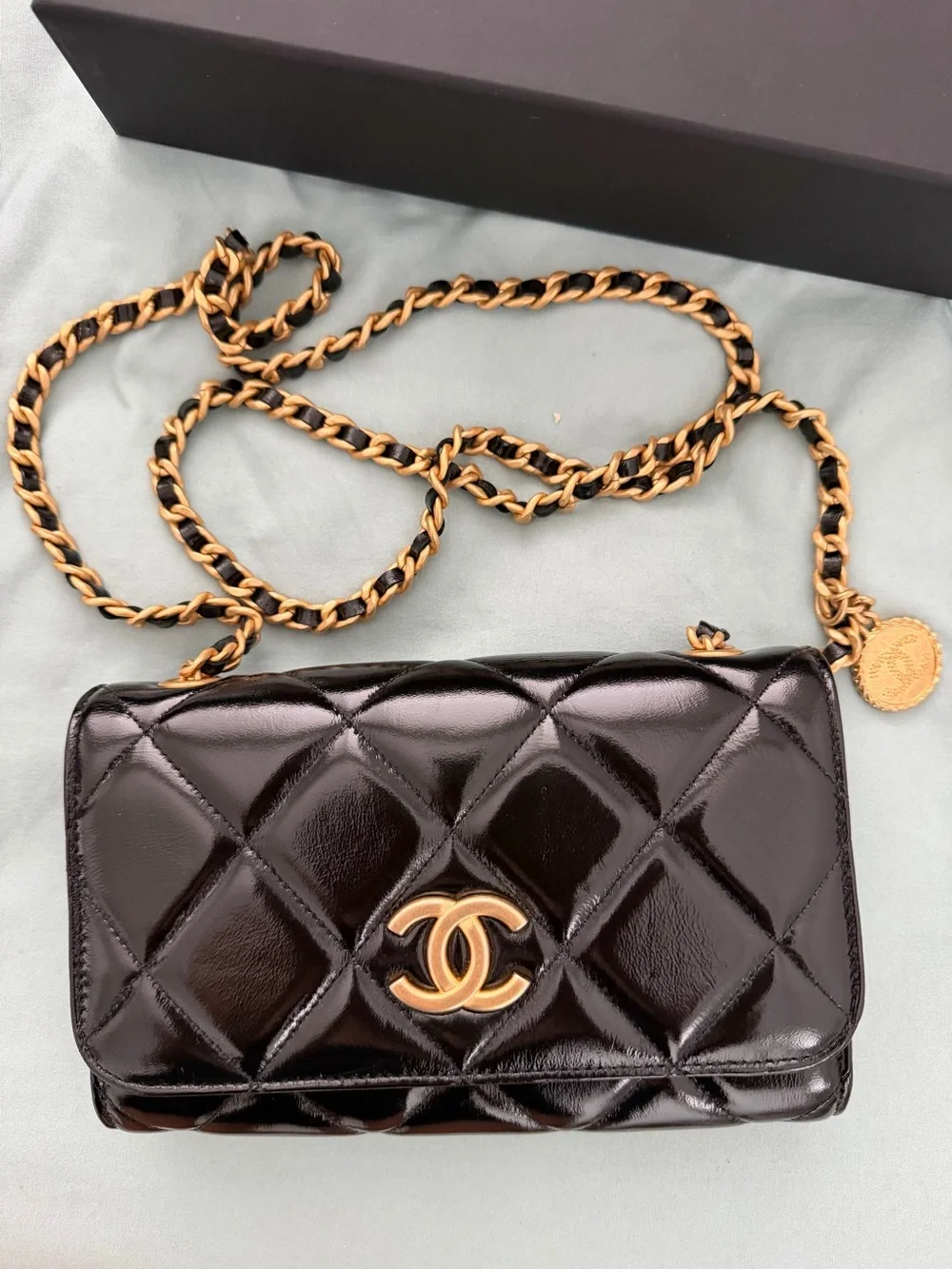 CHANEL Black Quilted Patent Leather Mini Flap with Gold Hardware